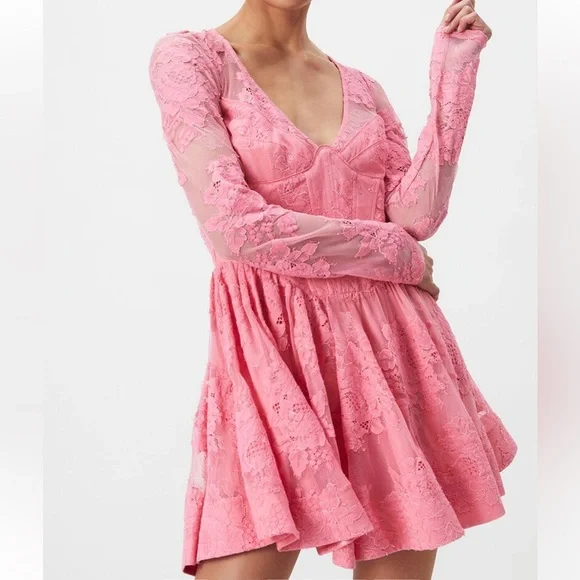 NWT Bardot Ellie Lace Corset Dress Hot Pink Bloom XL Mini Skirt Long Sleeve - Picture 10 of 10